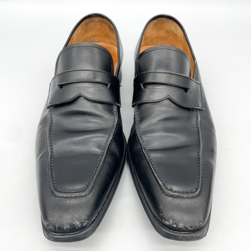 Magnanni Neiman Marcus Mens 9.5 M Penny Loafer Shoes Black Leather Apron Toe View 4